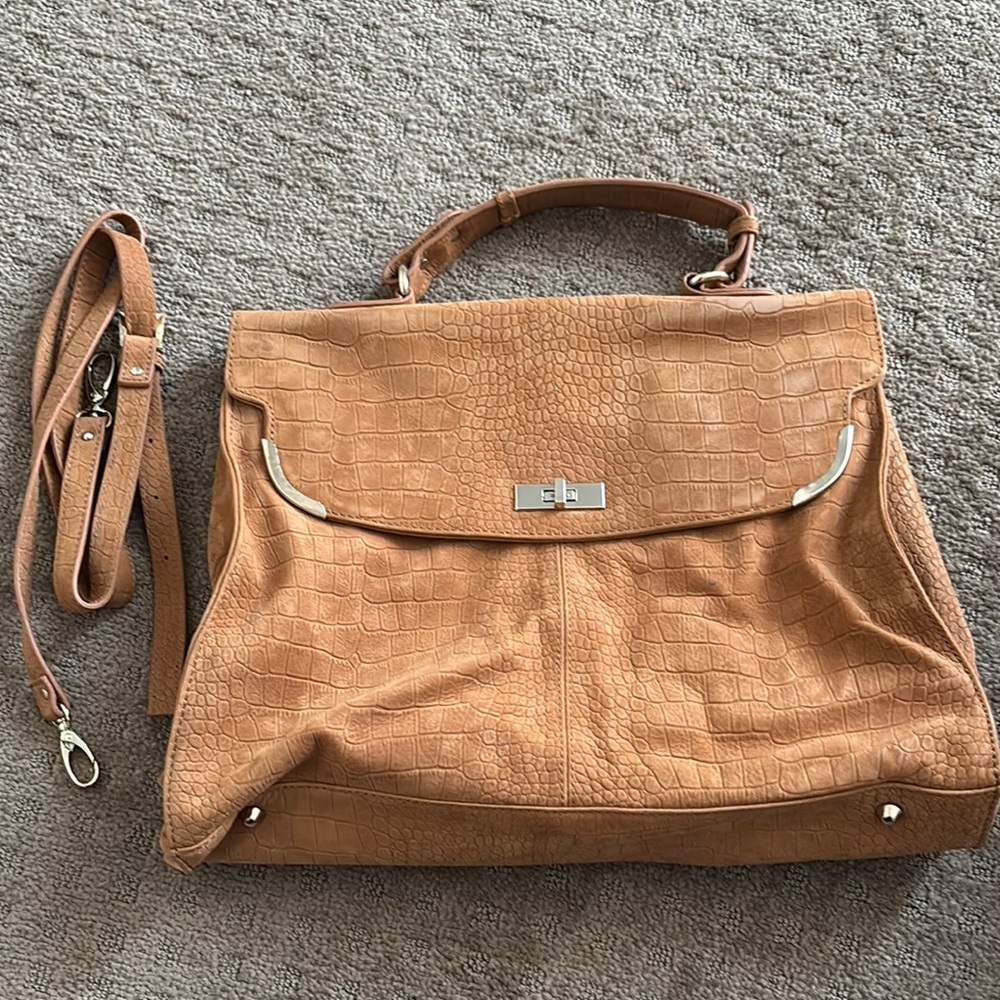 Tan Leather Satchel with Flap Closure and Detachable Strap